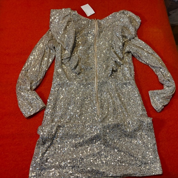H&M festive cream flounce-trimmed sequined long sleeve mini dress NWT - Picture 6 of 10